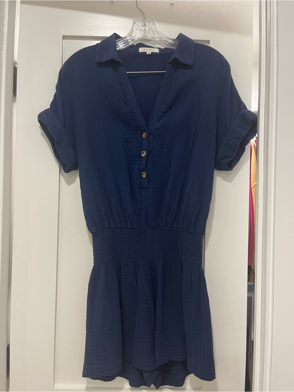 Z Supply Navy Short Sleeve Smocked-Waist Romper